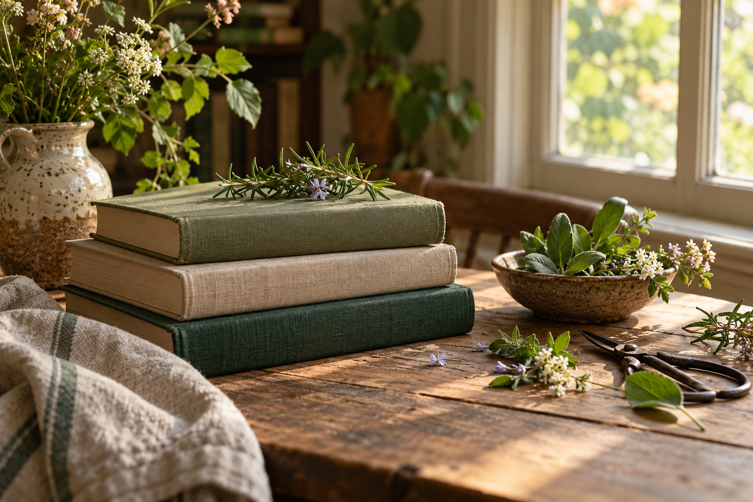 Books and garden clippings in gentle window light